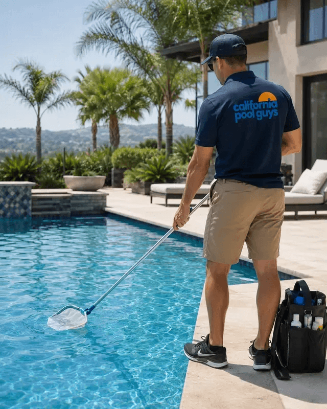 Pool technician skimming water