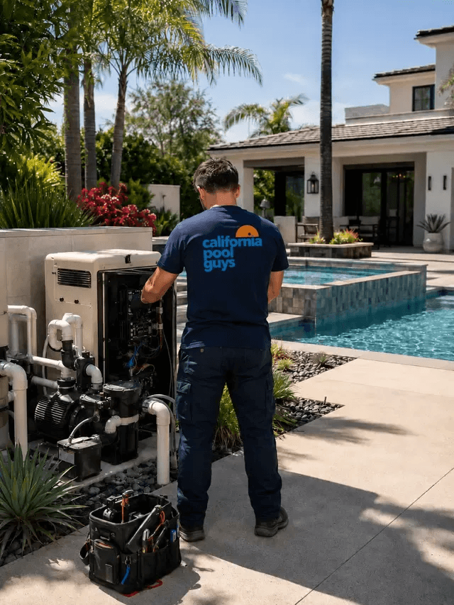 Technician servicing pool equipment