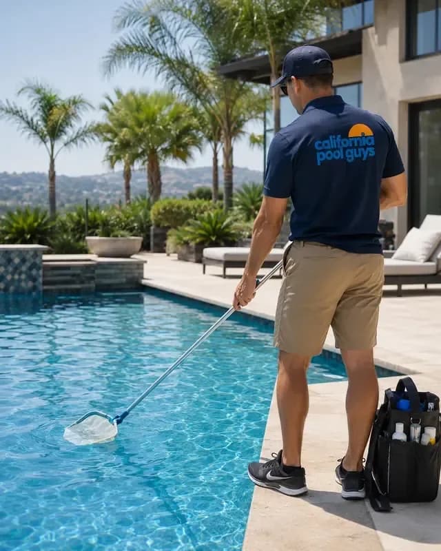 Pool technician skimming water